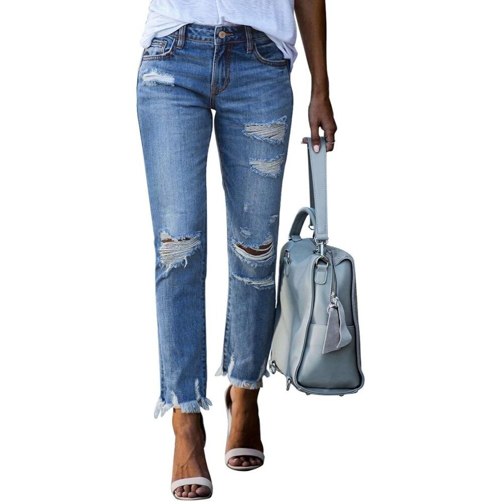 Women's Distressed Straight Leg Denim Jeans Zipper Closure Casual Fashion